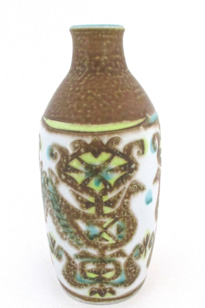 side Nils Thorsson for Royal Copehagen Denmark vintage turquoise yellow Baca faience ceramic bird vase