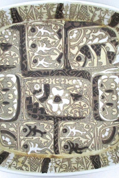 detail Nils Thorsson for Royal Copehagen Denmark vintage large Baca faience ceramic abstract fish dish