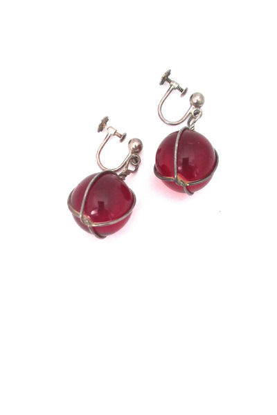 profile Bent K Knudsen Denmark vintage silver and glass sphere Scandinavian Modern drop earrings red or blue 