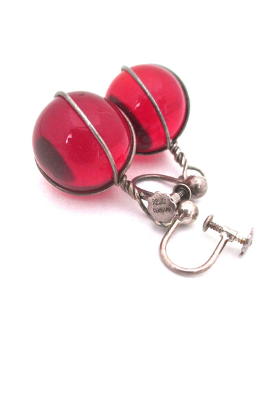 detail Bent K Knudsen Denmark vintage silver and glass sphere Scandinavian Modern drop earrings red or blue 