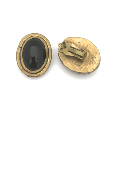 detail Rafael Alfandary Canada vintage brutalist large brass black glass oval earrings