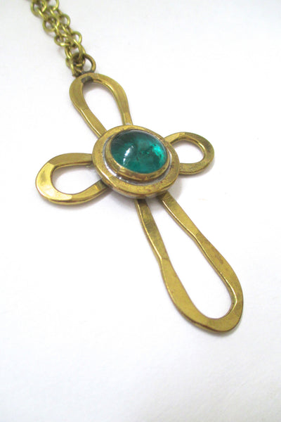 detail Rafael Alfandary Canada vintage brutalist brass and glass green cross pendant necklace