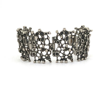 detail Robert Larin Canada vintage brutalist pewter extra wide lacy openwork panel link bracelet
