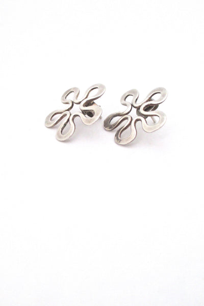detail John Lewis USA modernist hammered silver flower brooch and earrings set mid century design