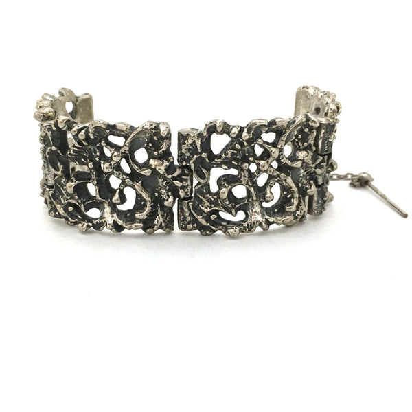 detail Robert Larin Canada vintage large brutalist pierced pewter link bracelet modernist jewelry design