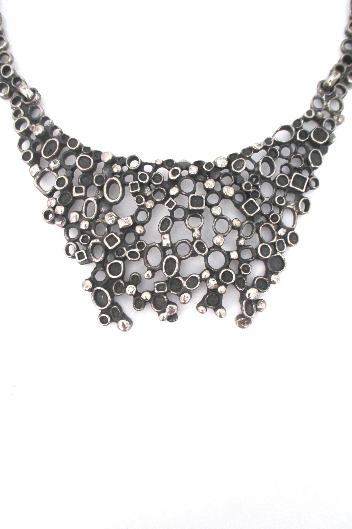 detail Robert Larin Canada vintage brutalist pewter extra large bib necklace
