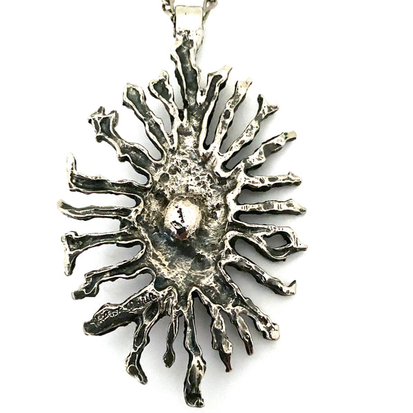 Robert Larin brutalist pewter starburst pendant necklace ~ brass feature