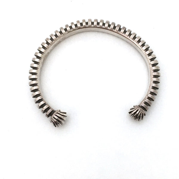 detail vintage heavy silver ridged studio made cuff bracelet France mid century Modernist design jewelry