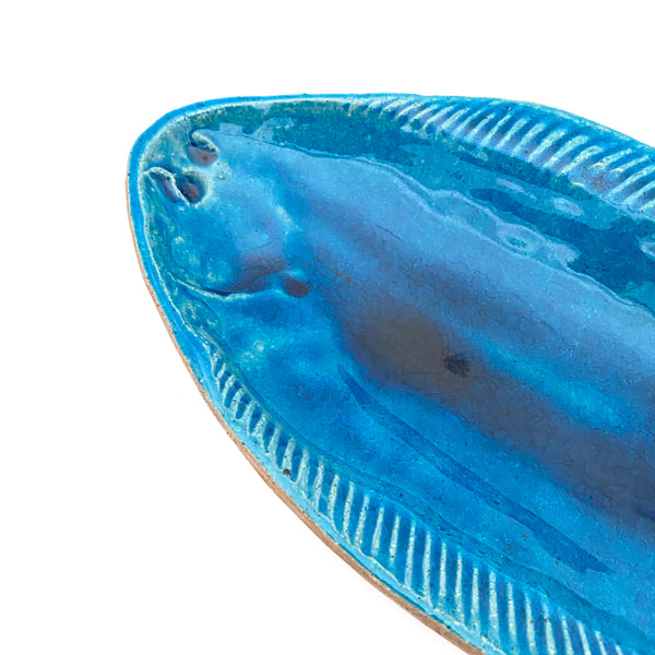 detail Herman Kahler Denmark vintage ceramic turquoise glaze fish flounder dish