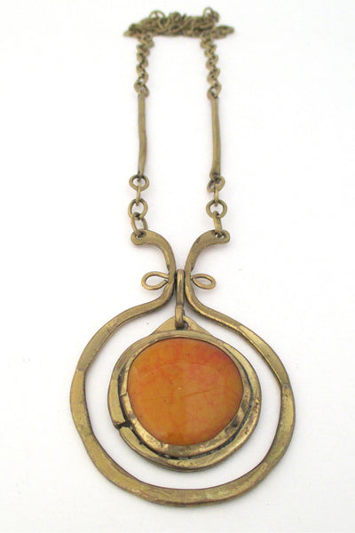 Rafael Alfandary Canada vintage brass and orange swirl glass kinetic necklace
