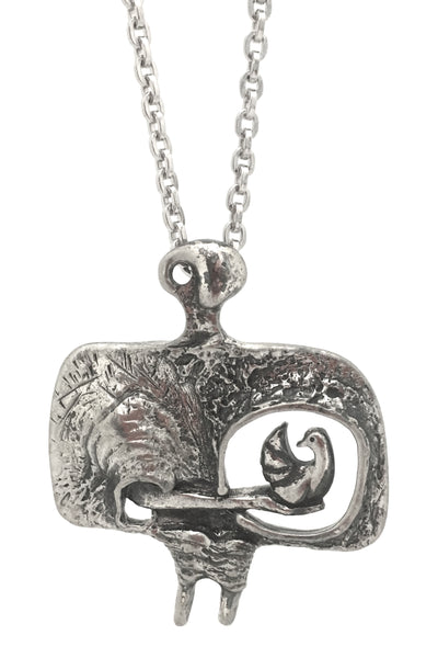 detail Guy Vidal Canada vintage brutalist pewter woman and bird pendant necklace bird in hand