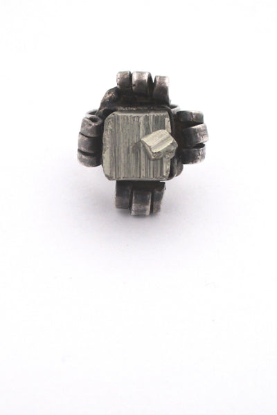 detail pyrite and silver vintage mid century brutalist ring