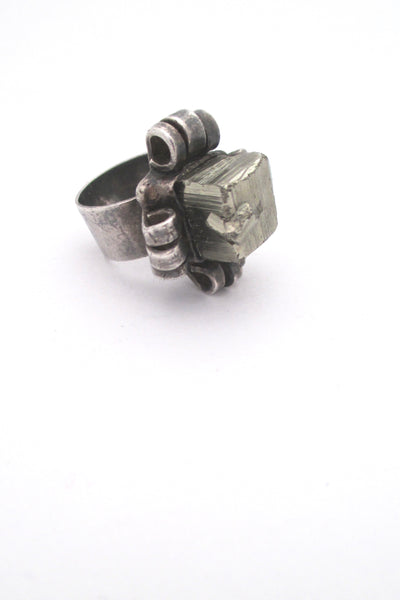 pyrite cube brutalist silver ring