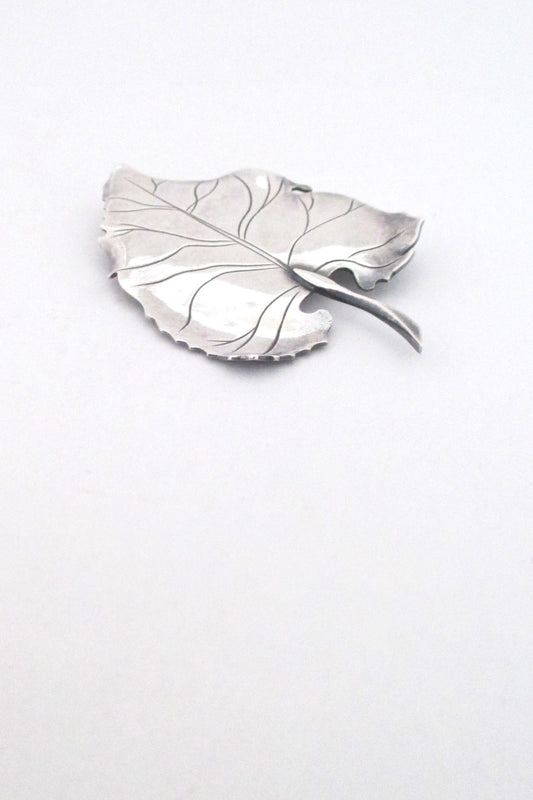 detail Anton Michelsen Denmark vintage silver curved naturalistic leaf brooch by Gertrud Engel