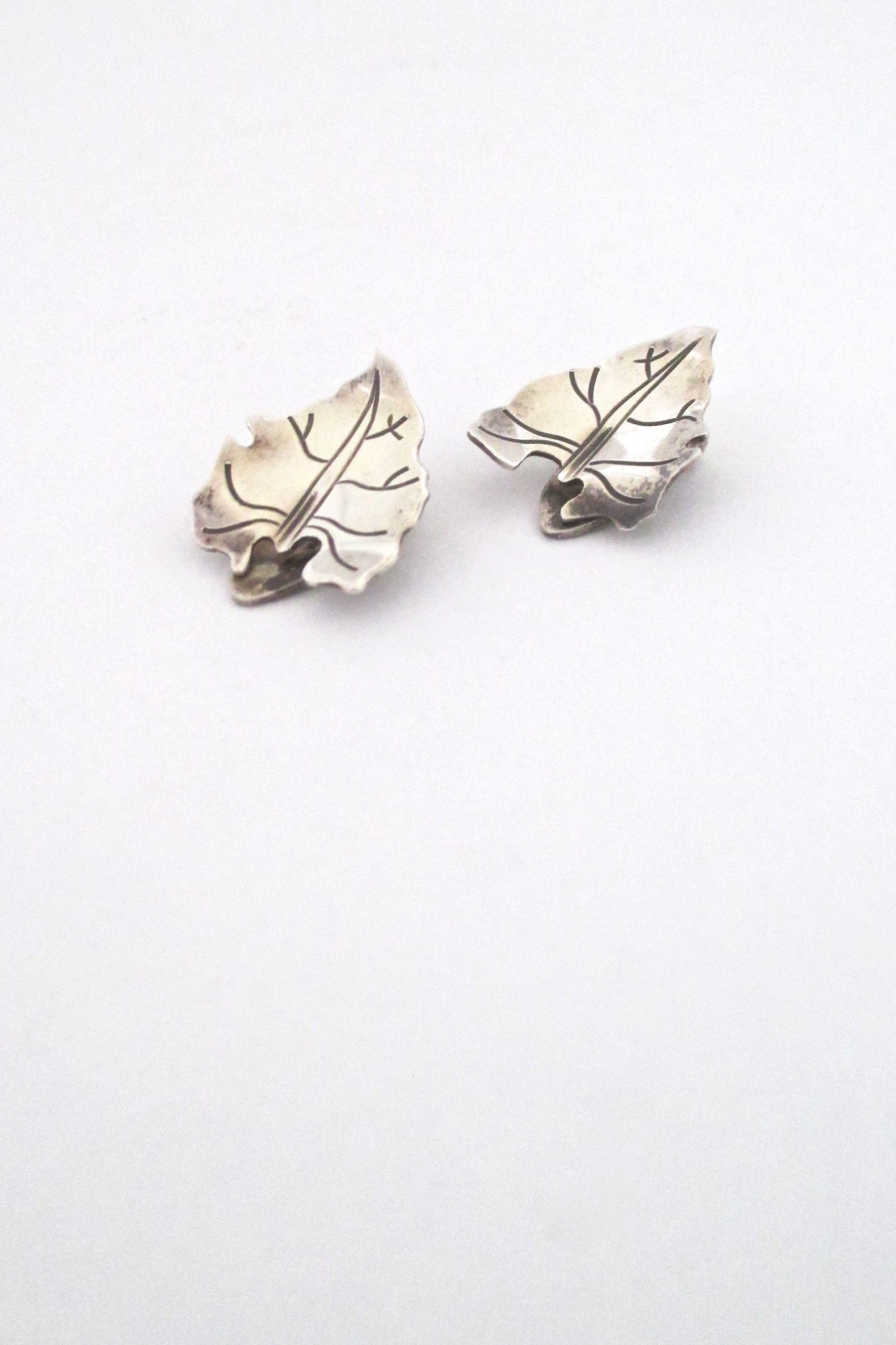 detail Anton Michelsen Denmark vintage silver naturalistic leaf ear clips by Gertrud Engel