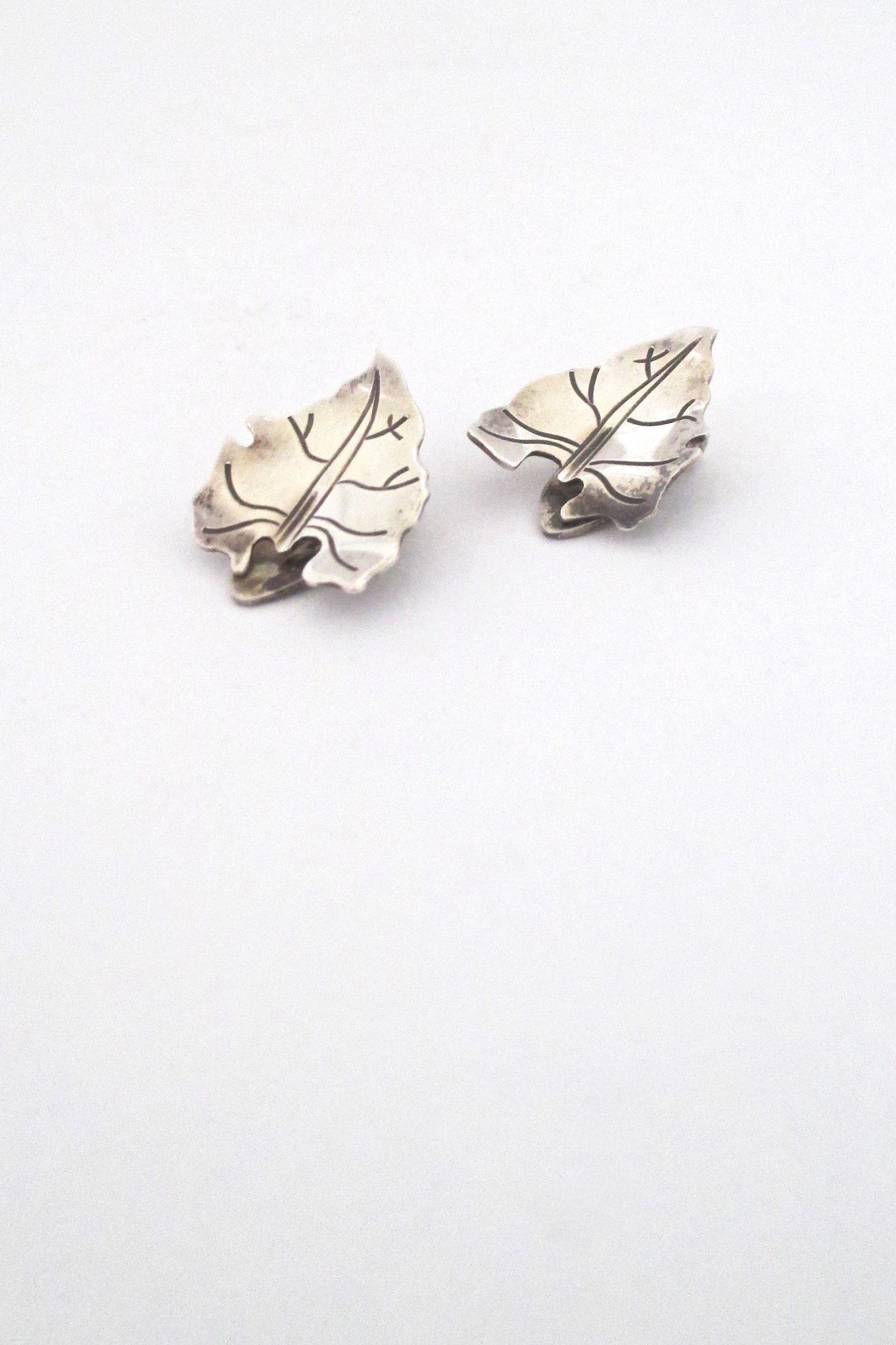 detail Anton Michelsen Denmark vintage silver naturalistic leaf ear clips by Gertrud Engel