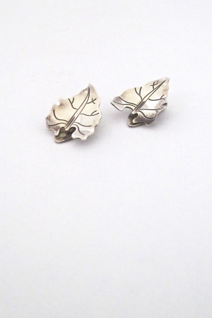 detail Anton Michelsen Denmark vintage silver naturalistic leaf ear clips by Gertrud Engel