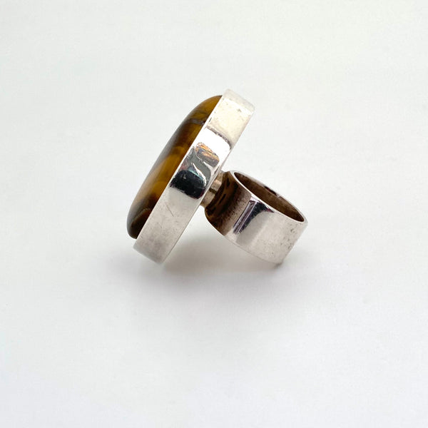 profile Uni David-Andersen Norway extra large vintage silver tiger eye ring Marianne Berg Scandinavian Modernist jewelry design