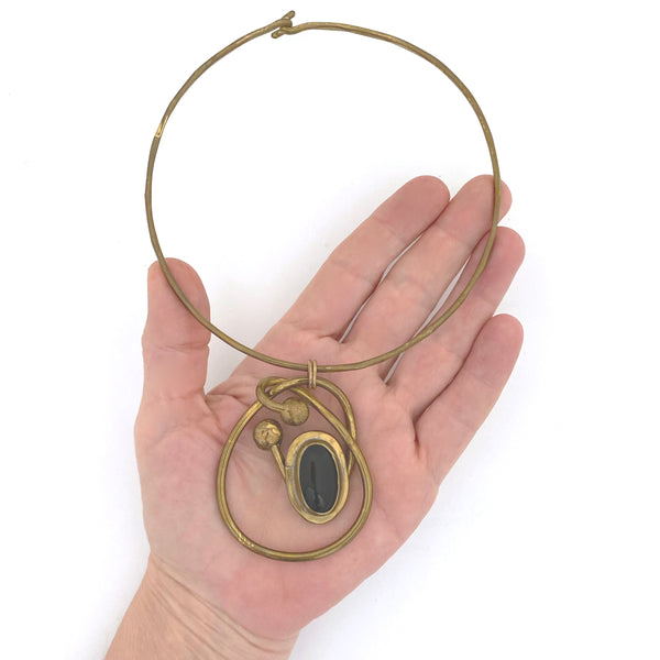 scale Rafael Alfandary Canada vintage brutalist brass black glass choker necklace Canadian jewelry design