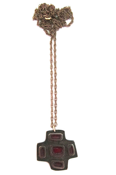 Bernard Chaudron Canada vintage cast bronze and red enamel pendant necklace signed