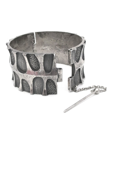 Guy Vidal Canada vintage brutalist pewter leaves and morels hinged bracelet