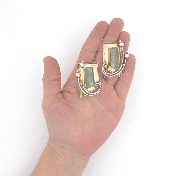 scale Rachel Gera Israel vintage silver Roman glass large earrings 1980s 
