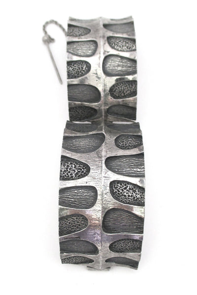 Guy Vidal Canada vintage brutalist pewter leaves and morels hinged bracelet