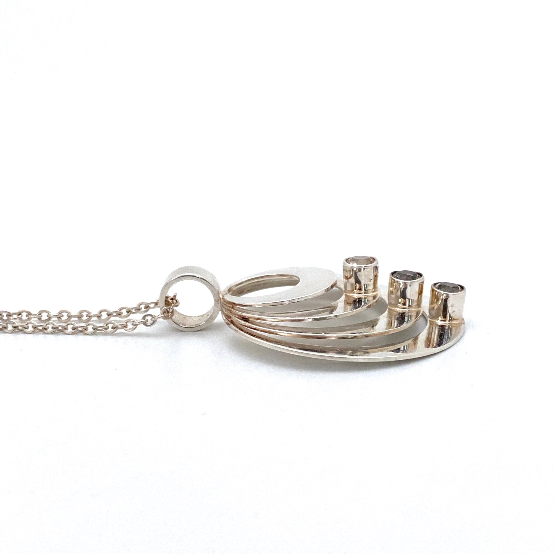 profile Kultaseppa Salovaara Finland large vintage layered silver rock crystal pendant necklace Scandinavian Modernist jewelry design