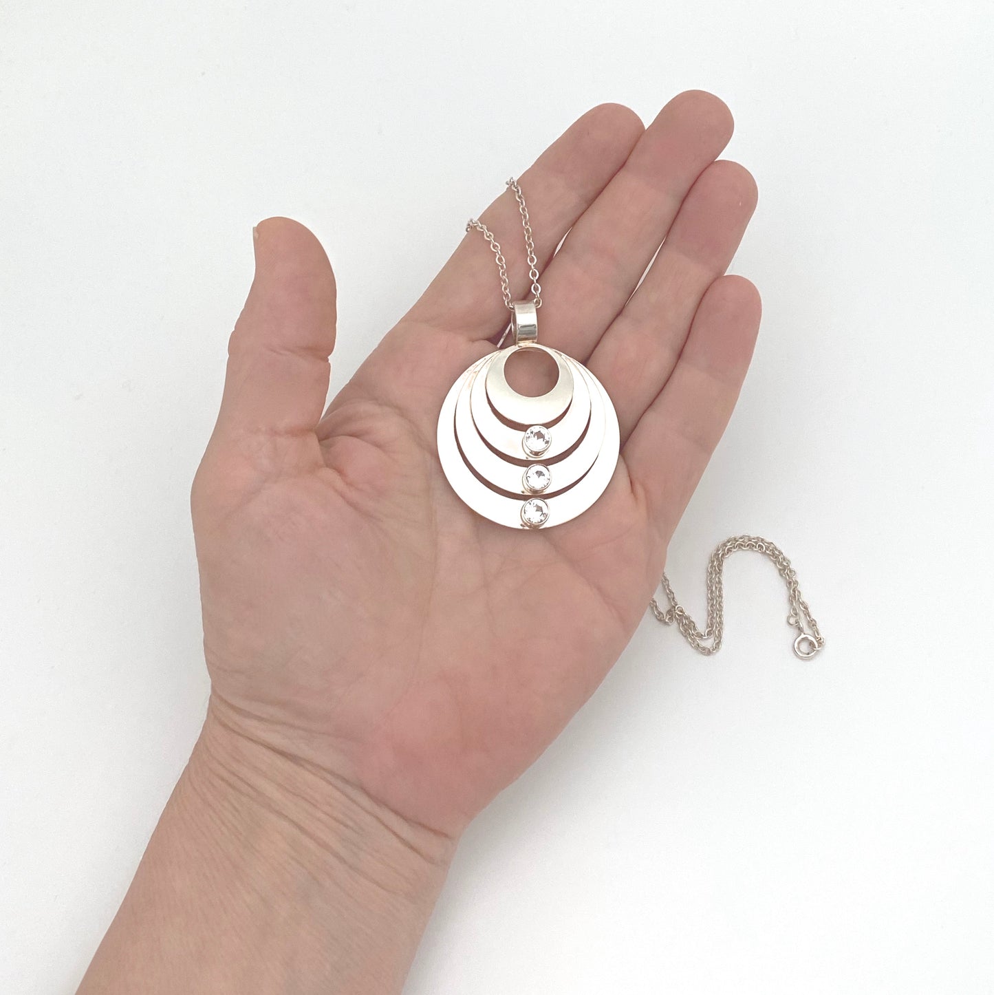 scale Kultaseppa Salovaara Finland large vintage layered silver rock crystal pendant necklace Scandinavian Modernist jewelry design
