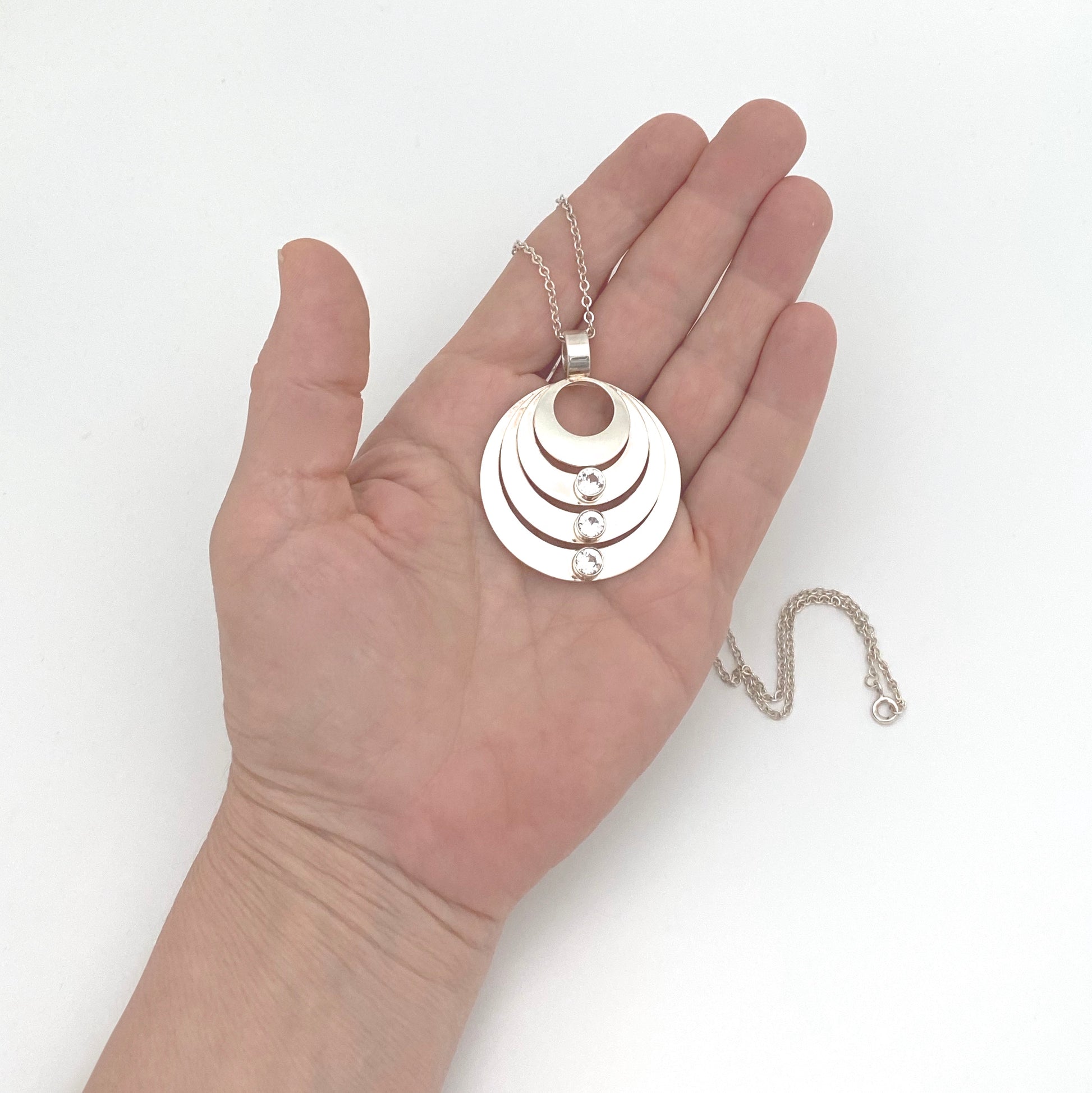 scale Kultaseppa Salovaara Finland large vintage layered silver rock crystal pendant necklace Scandinavian Modernist jewelry design