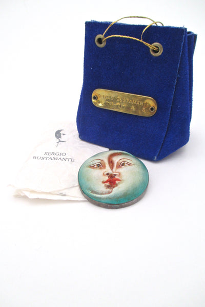 detail Sergio Bustamante Mexico surrealist sculptor artist vintage brooch original leather pouch Modernist jewelry design