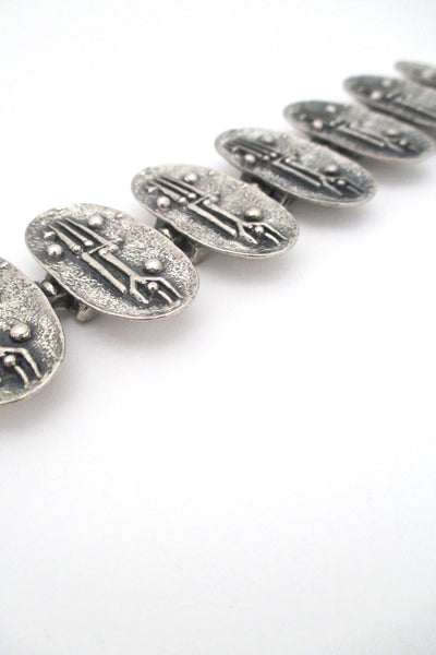 detail Robert Larin Canada vintage brutalist pewter panel link bracelet mid century design