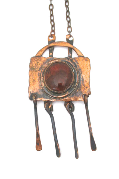 detail Rafael Alfandary Canada copper fringe necklace dark amber stone vintage jewelry