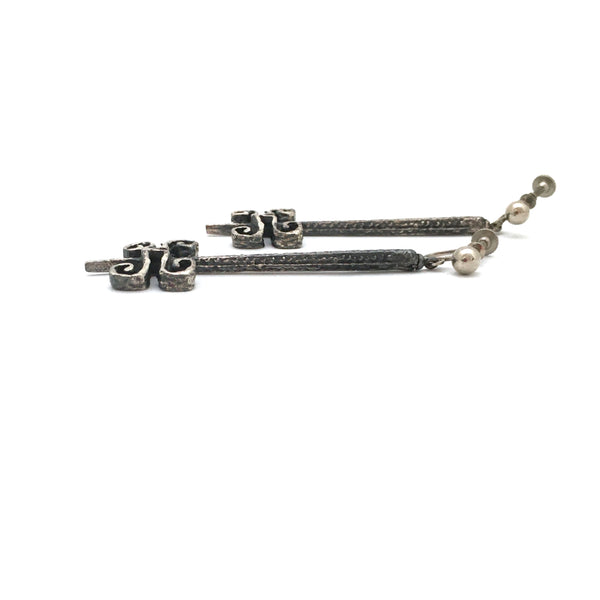 profile Guy Vidal Canada vintage brutalist pewter long drop earrings Canadian midcentury jewellery design