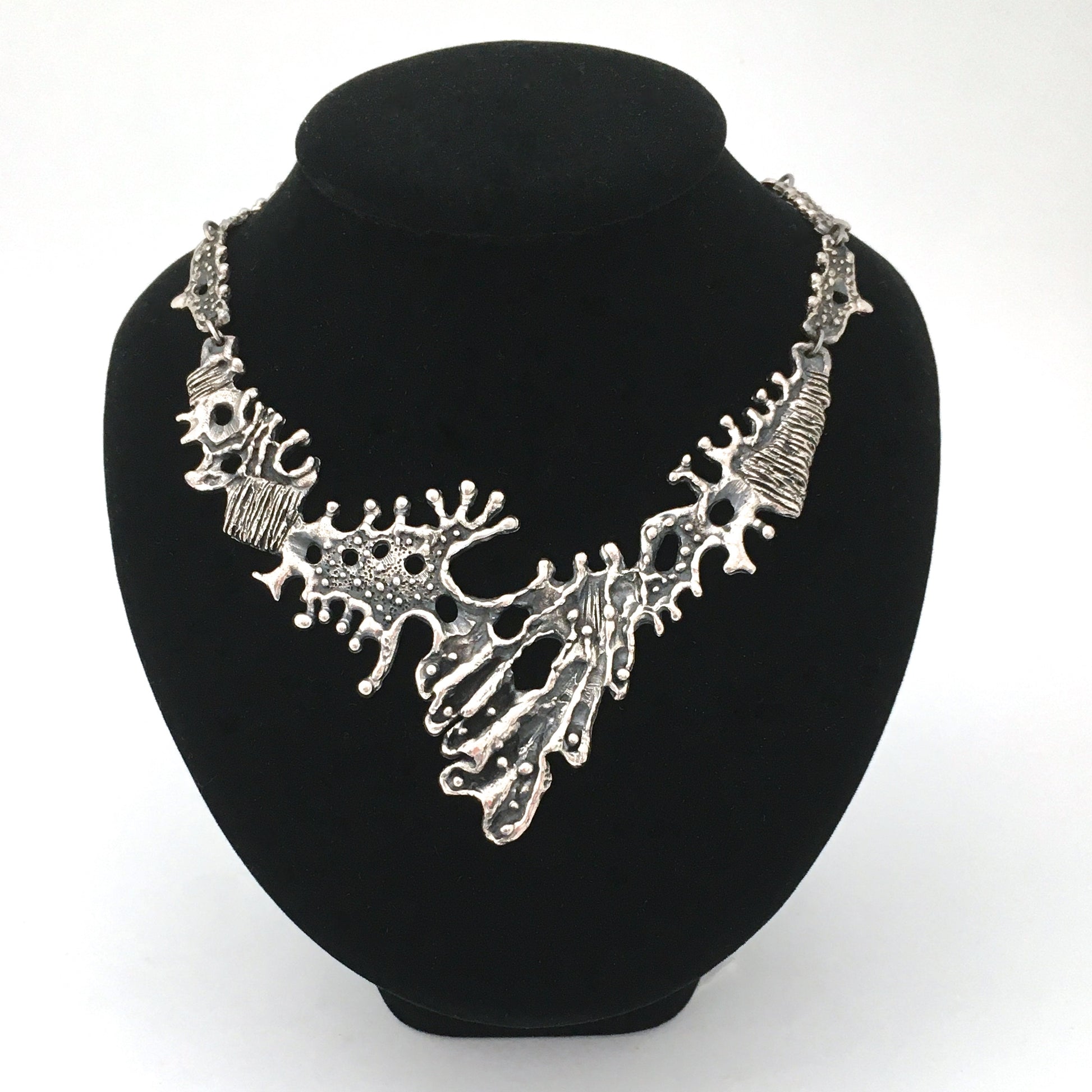 detail Guy Vidal Canada vintage brutalist pewter large bib necklace Canadian midcentury jewellery design