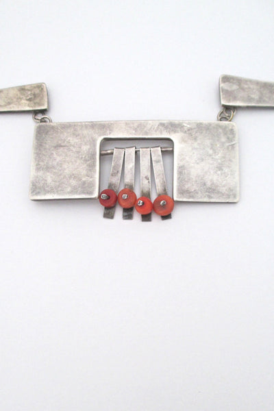 detail vintage modernist silver studio made large bib necklace with coral 