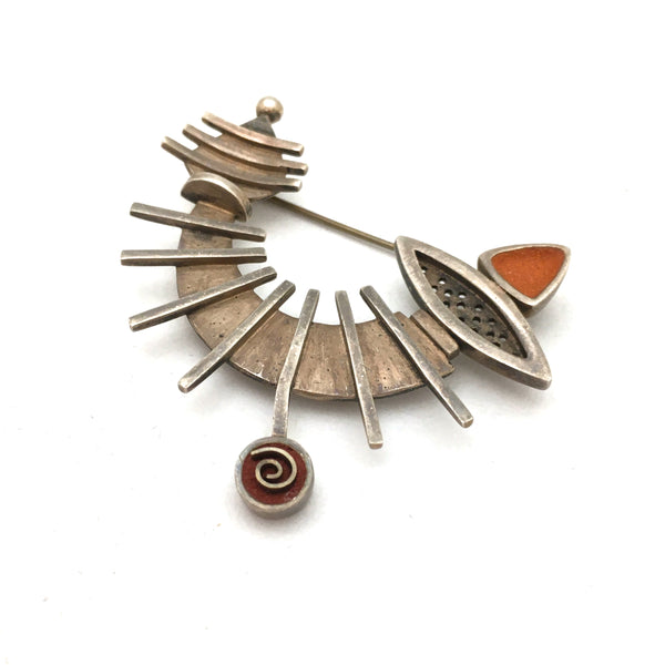 detail vintage silver matte orange enamel constructivist brooch vintage Modernist jewelry design