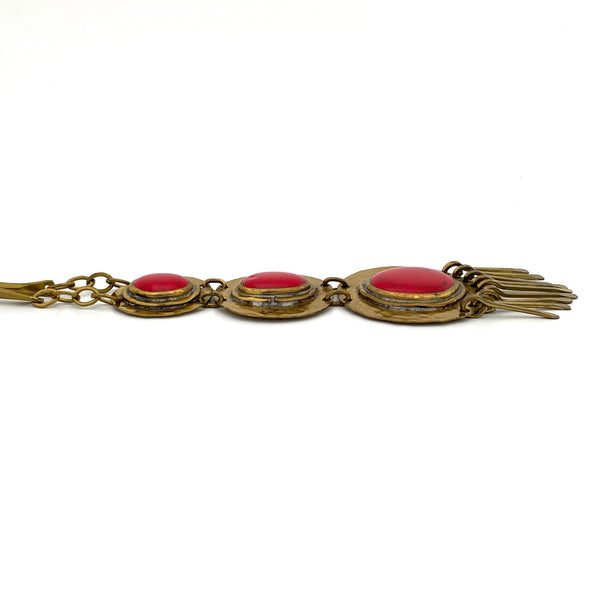 Rafael Canada brass long triple fringe pendant necklace ~ opaque bright red