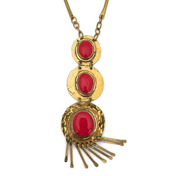 detail Rafael Alfandary Canada vintage brutalist brass bright opaque red glass triple fringe pendant necklace