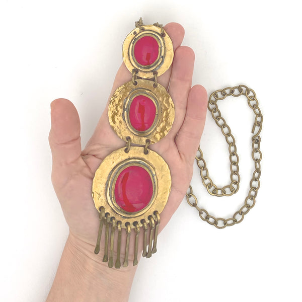 scale Rafael Alfandary Canada vintage brutalist brass bright opaque red glass triple fringe pendant necklace