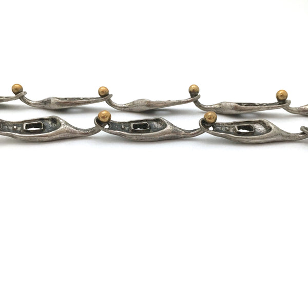 profile Guy Vidal (attributed) extra fabulous vintage long link brutalist pewter chain with brass connectors Canadian design jewelry