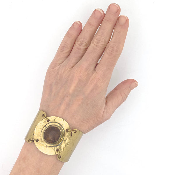 scale Rafael Alfandary Canada vintage brass panel bracelet clear amber glass stone Canadian jewelry design