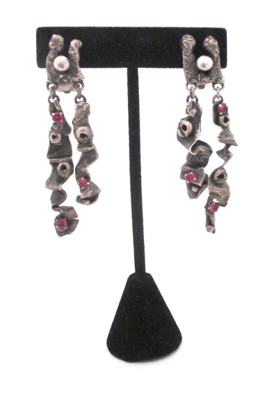 brutalist silver & synthetic ruby long drop earrings