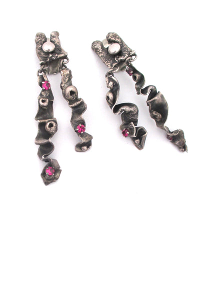 brutalist silver & synthetic ruby long drop earrings