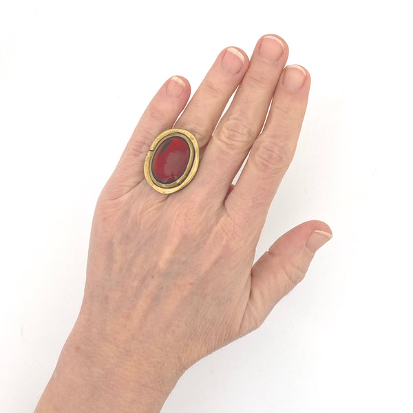 scale Rafael Alfandary Canada vintage brass mirrored amber glass large oval ring Canadian jewelry design