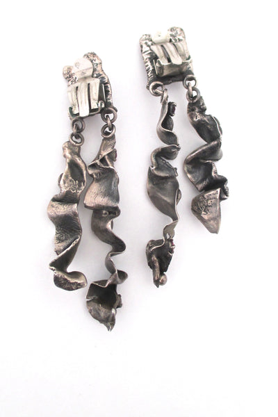 brutalist silver & synthetic ruby long drop earrings
