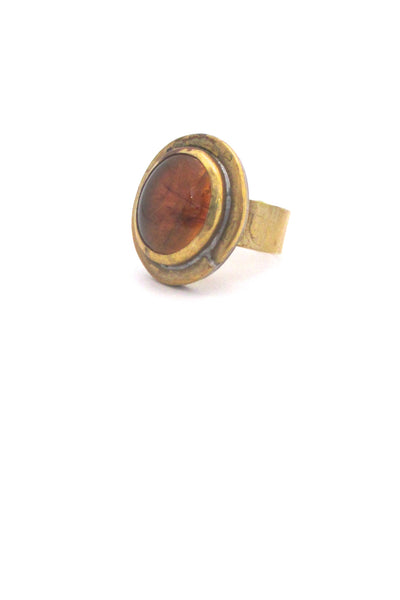Rafael Alfandary Canada brass round amber glass stone ring vintage Canadian Modernist jewelry