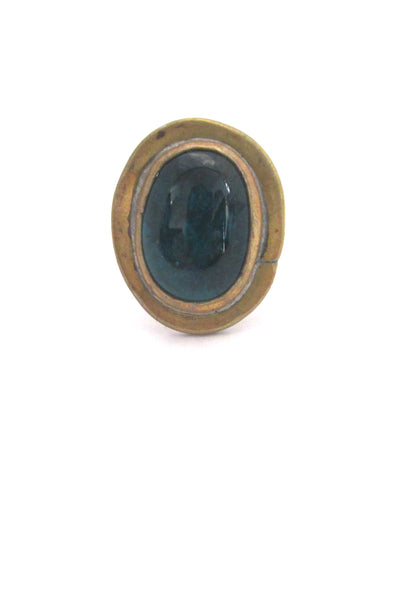 detail Rafael Alfandary Canada brass oval dark teal glass stone ring vintage Canadian Modernist jewelry