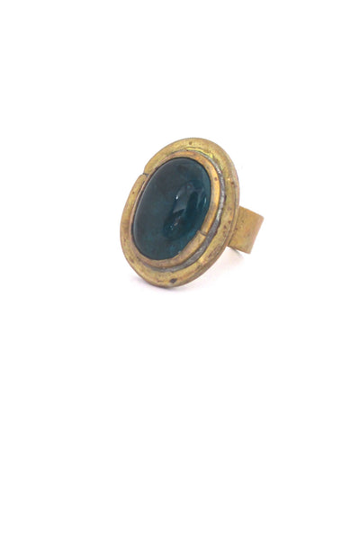 Rafael Alfandary Canada brass oval dark teal glass stone ring vintage Canadian Modernist jewelry