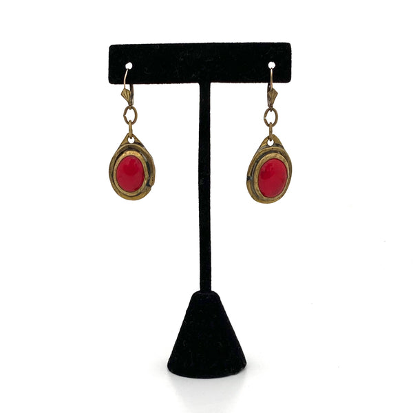 Rafael Canada brass drop earrings ~ opaque bright red